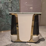 Square Pale Green Marble Side Table with White Panel and Dark High-Gloss Wood Sides